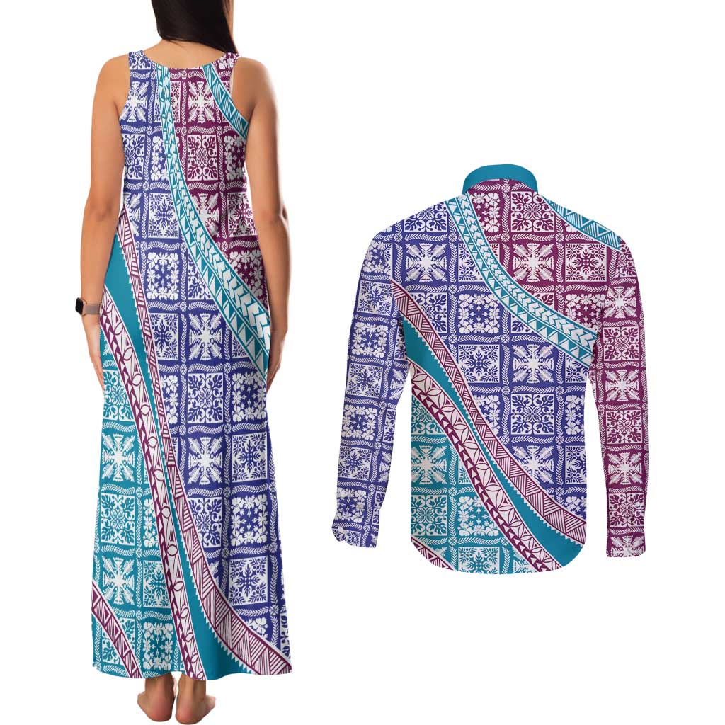 Hawaiian Quilt Pattern Couples Matching Tank Maxi Dress and Long Sleeve Button Shirt Purple Blue Color Mixed - Polynesian Pride