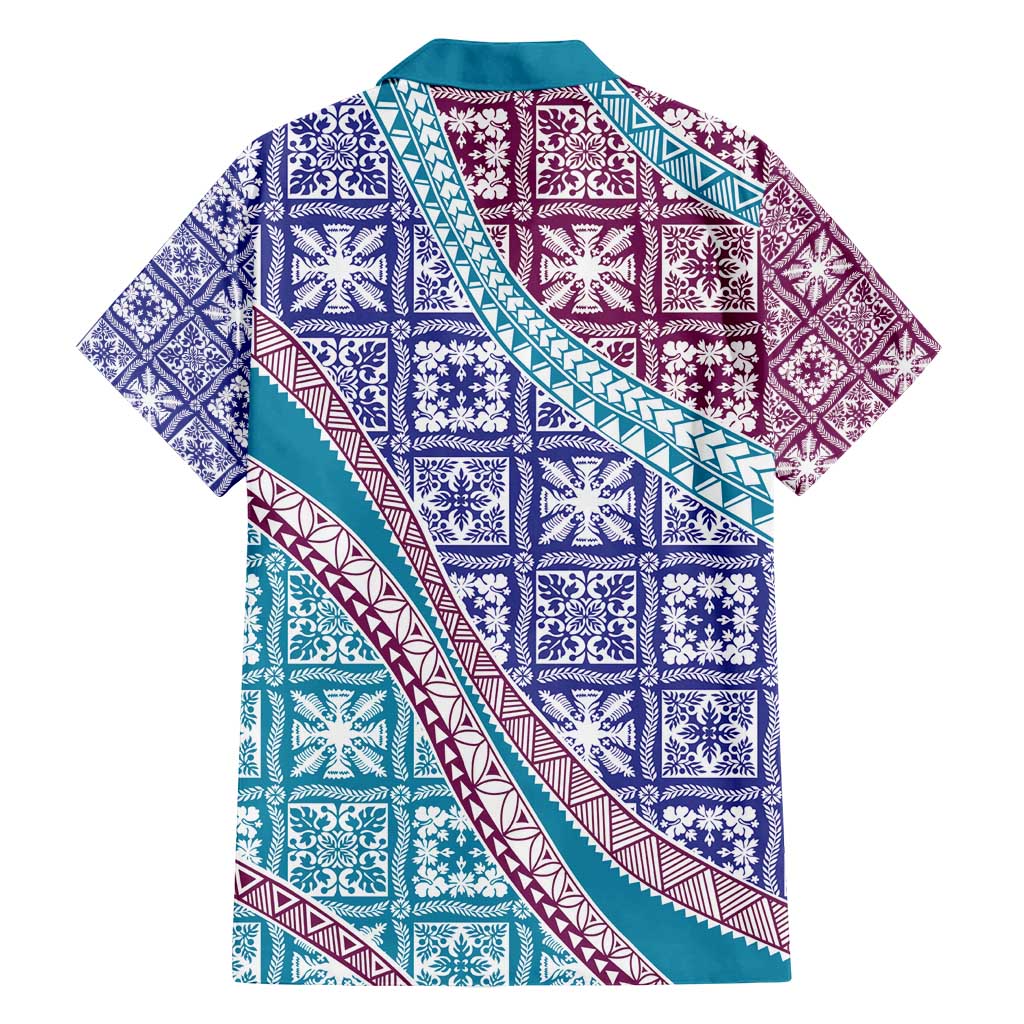 Hawaiian Quilt Pattern Family Matching Long Sleeve Bodycon Dress and Hawaiian Shirt Purple Blue Color Mixed - Polynesian Pride