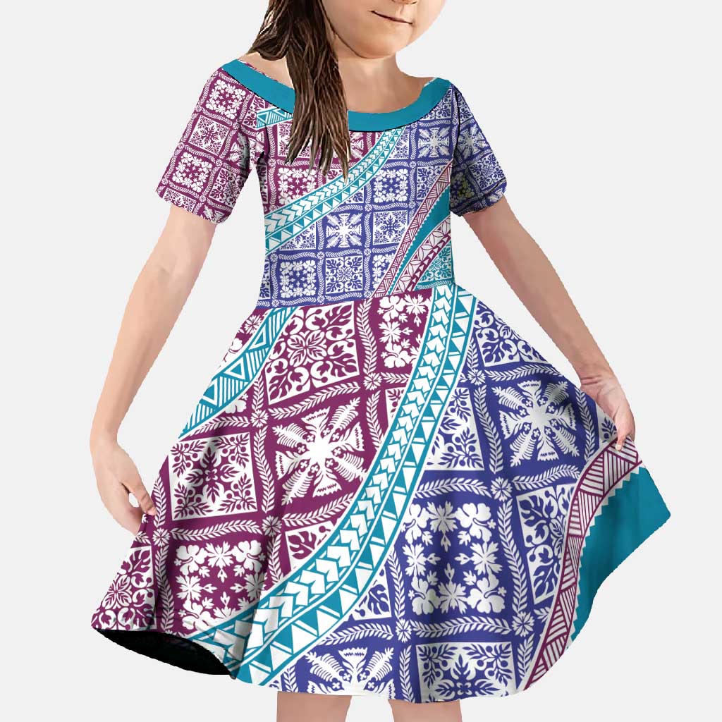 Hawaiian Quilt Pattern Family Matching Mermaid Dress and Hawaiian Shirt Purple Blue Color Mixed - Polynesian Pride