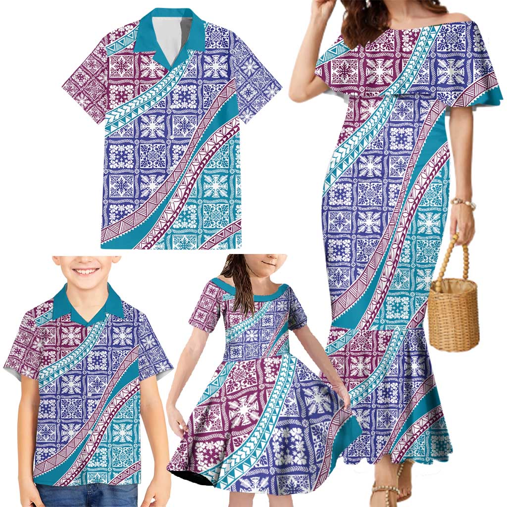 Hawaiian Quilt Pattern Family Matching Mermaid Dress and Hawaiian Shirt Purple Blue Color Mixed - Polynesian Pride