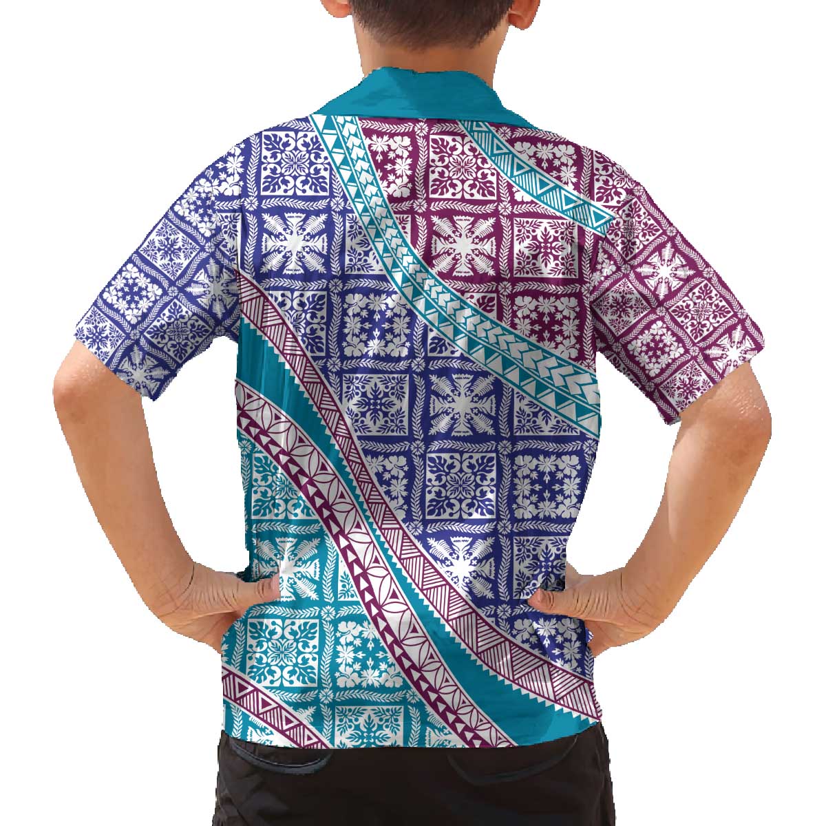 Hawaiian Quilt Pattern Family Matching Off The Shoulder Long Sleeve Dress and Hawaiian Shirt Purple Blue Color Mixed - Polynesian Pride