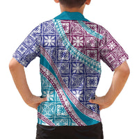 Hawaiian Quilt Pattern Family Matching Off The Shoulder Long Sleeve Dress and Hawaiian Shirt Purple Blue Color Mixed - Polynesian Pride