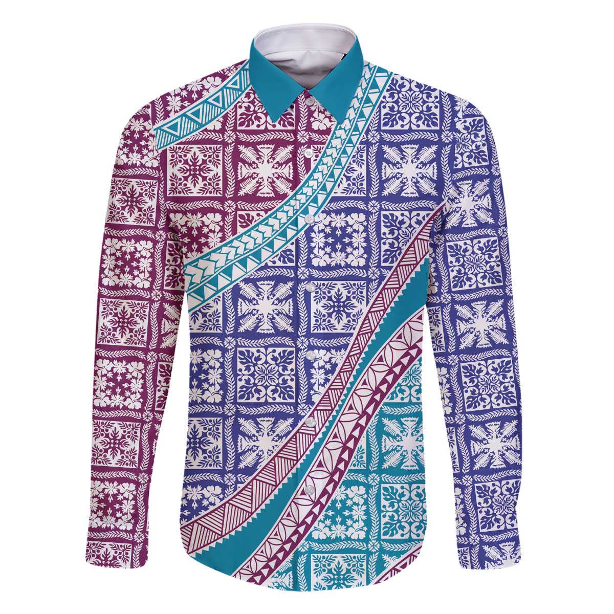 Hawaiian Quilt Pattern Family Matching Off The Shoulder Long Sleeve Dress and Hawaiian Shirt Purple Blue Color Mixed - Polynesian Pride
