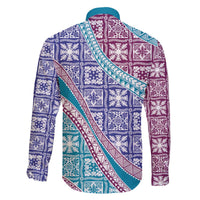 Hawaiian Quilt Pattern Family Matching Off The Shoulder Long Sleeve Dress and Hawaiian Shirt Purple Blue Color Mixed - Polynesian Pride