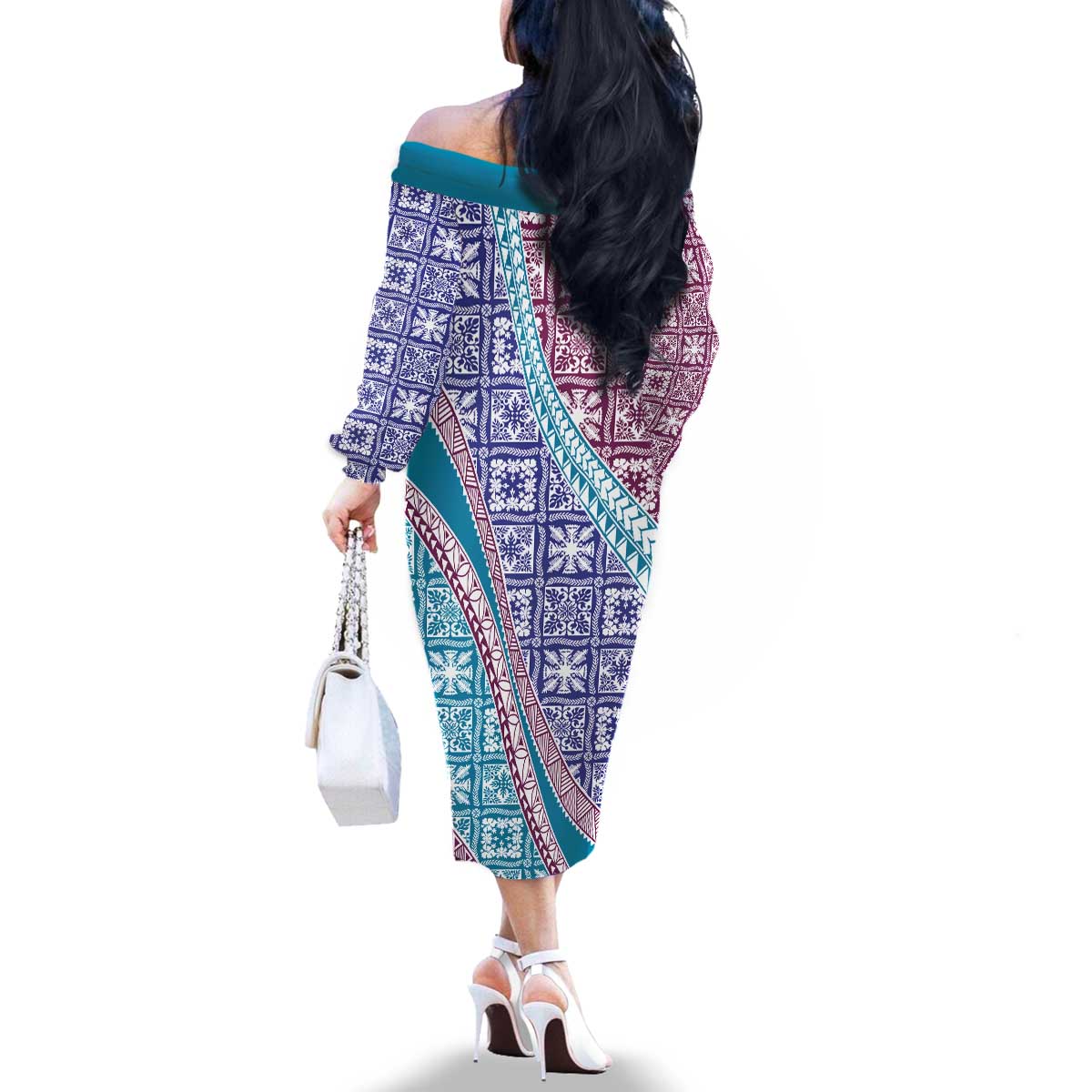 Hawaiian Quilt Pattern Family Matching Off The Shoulder Long Sleeve Dress and Hawaiian Shirt Purple Blue Color Mixed - Polynesian Pride