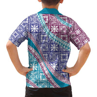 Hawaiian Quilt Pattern Family Matching Off Shoulder Maxi Dress and Hawaiian Shirt Purple Blue Color Mixed - Polynesian Pride