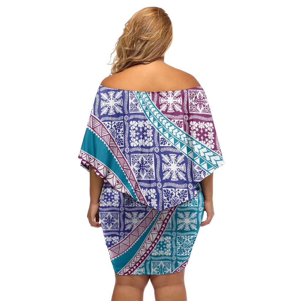 Hawaiian Quilt Pattern Family Matching Off Shoulder Short Dress and Hawaiian Shirt Purple Blue Color Mixed - Polynesian Pride