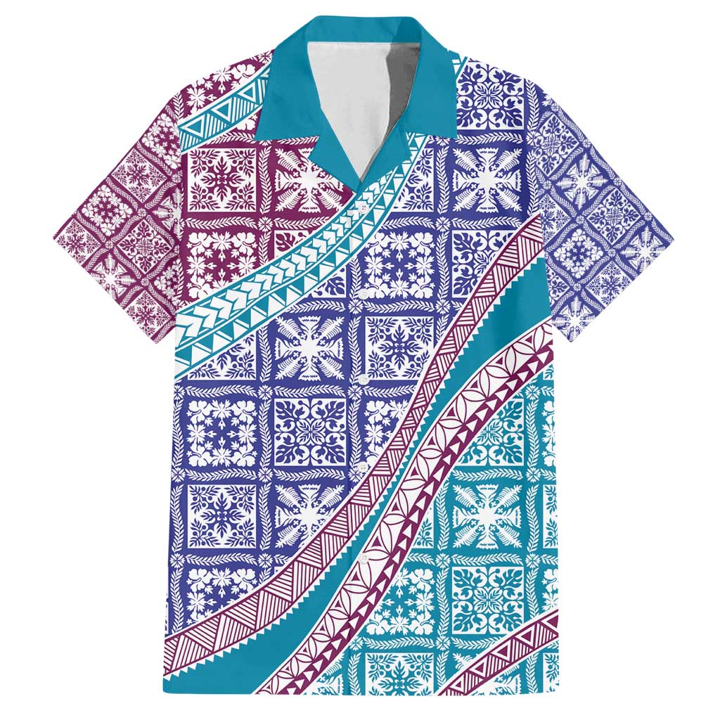 Hawaiian Quilt Pattern Family Matching Puletasi and Hawaiian Shirt Purple Blue Color Mixed - Polynesian Pride