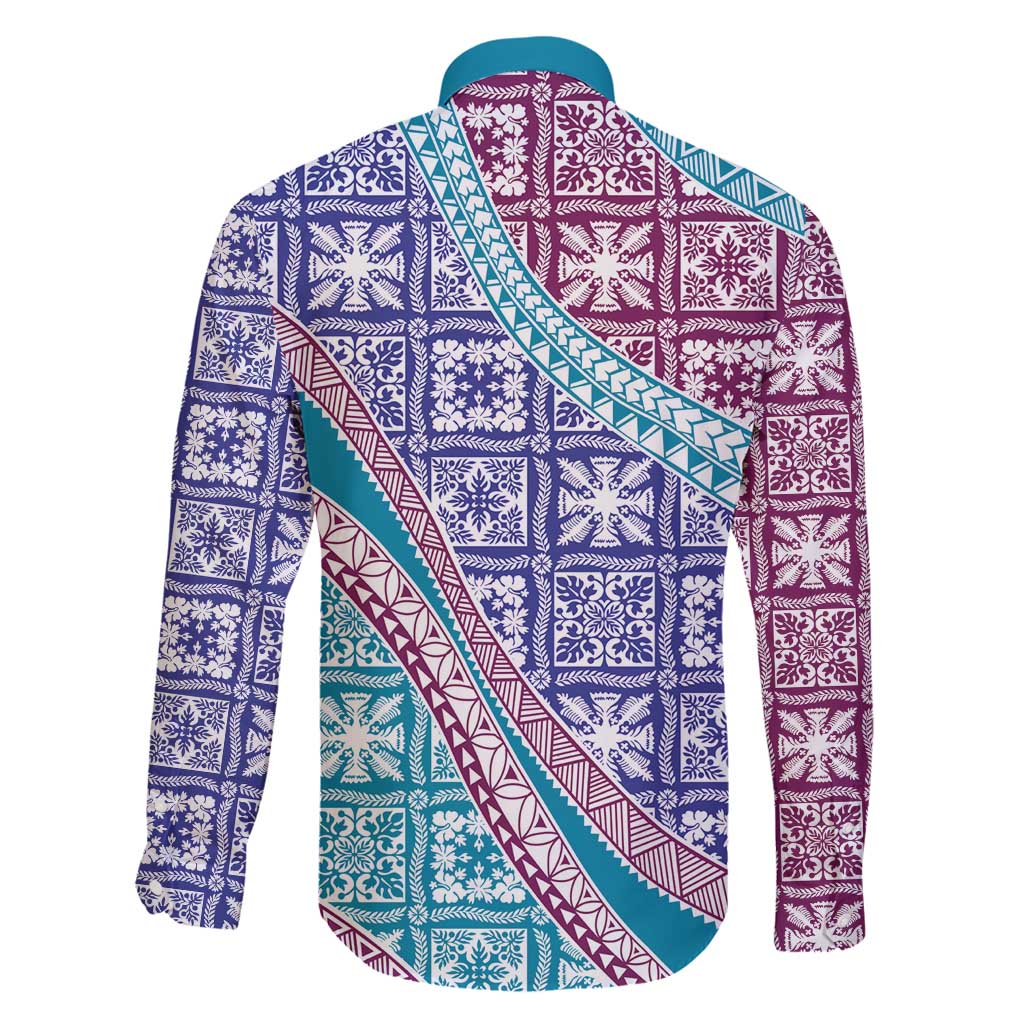 Hawaiian Quilt Pattern Family Matching Puletasi and Hawaiian Shirt Purple Blue Color Mixed - Polynesian Pride