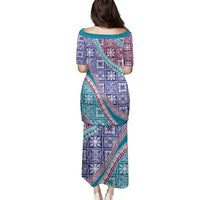 Hawaiian Quilt Pattern Family Matching Puletasi and Hawaiian Shirt Purple Blue Color Mixed - Polynesian Pride