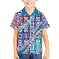 Hawaiian Quilt Pattern Family Matching Short Sleeve Bodycon Dress and Hawaiian Shirt Purple Blue Color Mixed - Polynesian Pride
