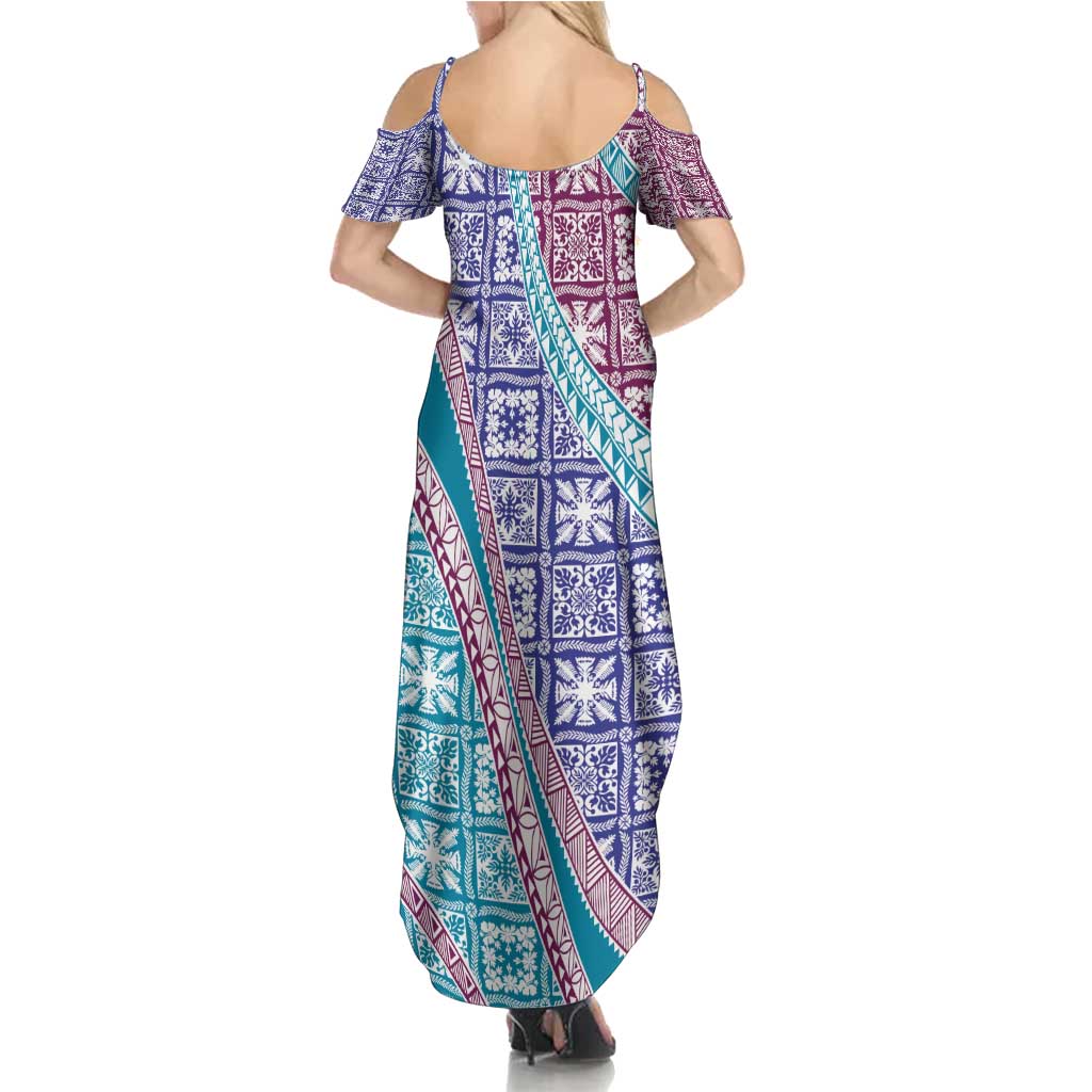 Hawaiian Quilt Pattern Family Matching Summer Maxi Dress and Hawaiian Shirt Purple Blue Color Mixed - Polynesian Pride