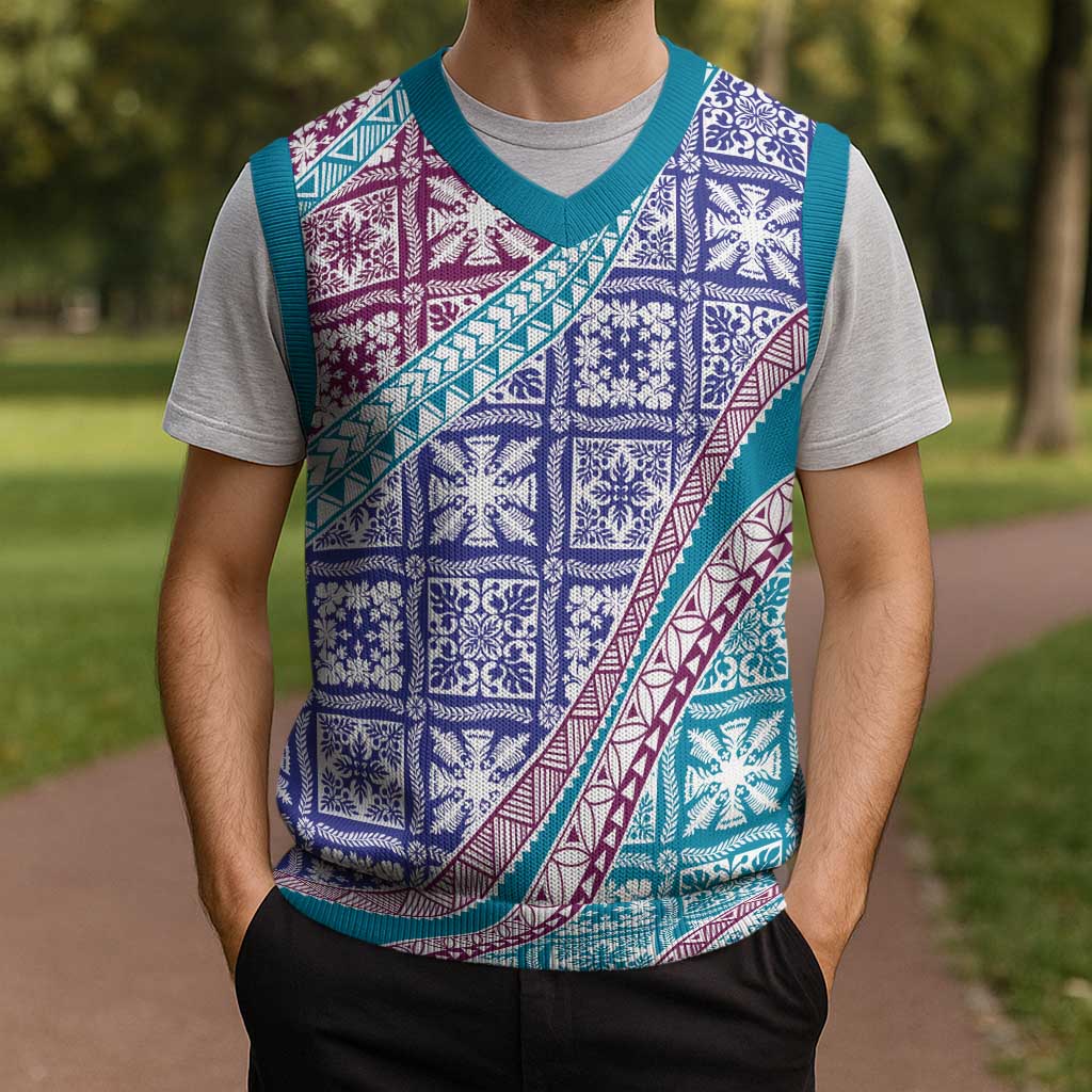 Hawaiian Quilt Pattern Christmas Knitted V-Neck Vest Purple Blue Color Mixed - Polynesian Pride