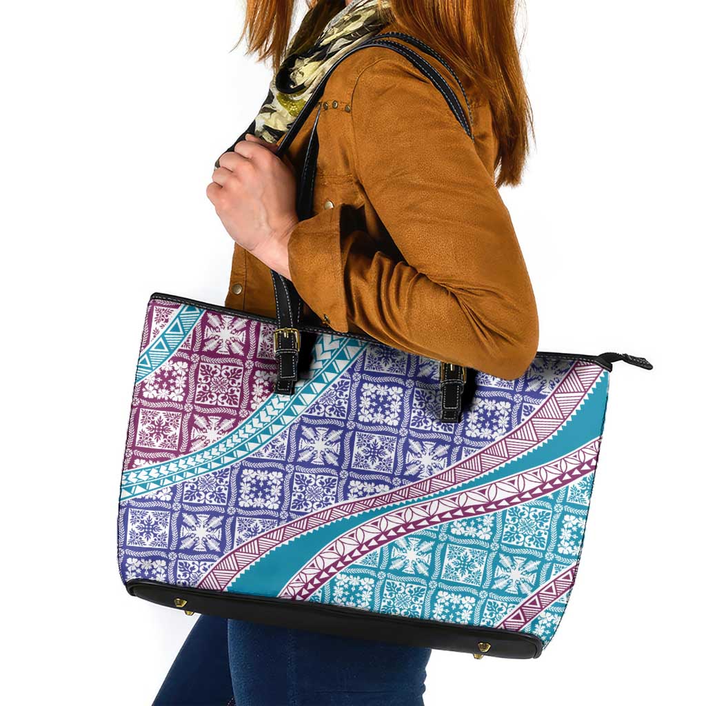 Hawaiian Quilt Pattern Leather Tote Bag Purple Blue Color Mixed LT01 Purple - Polynesian Pride