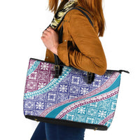 Hawaiian Quilt Pattern Leather Tote Bag Purple Blue Color Mixed - Polynesian Pride