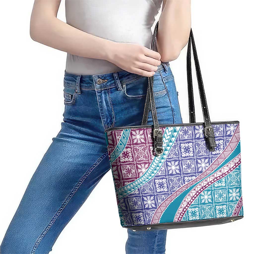 Hawaiian Quilt Pattern Leather Tote Bag Purple Blue Color Mixed - Polynesian Pride