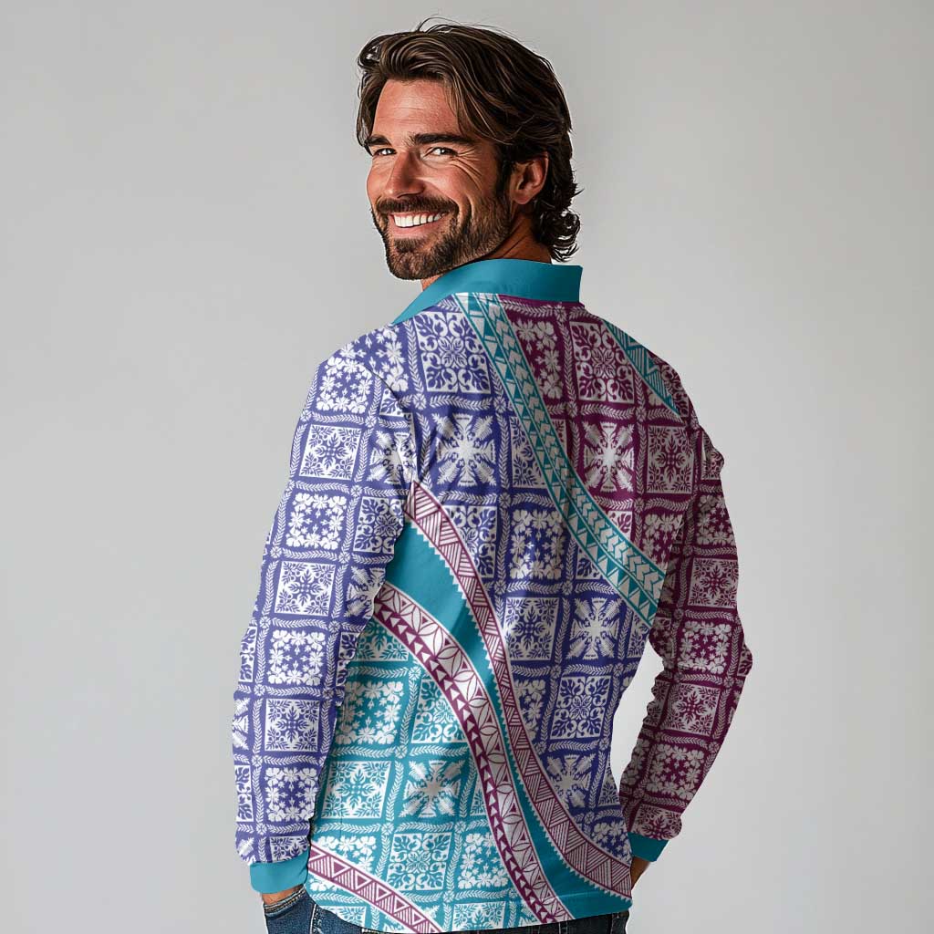 Hawaiian Quilt Pattern Long Sleeve Polo Shirt Purple Blue Color Mixed - Polynesian Pride