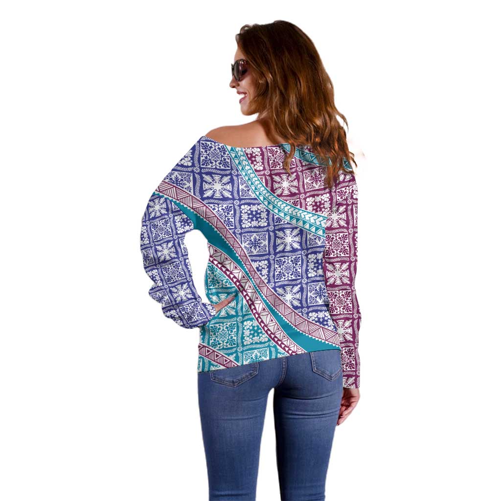 Hawaiian Quilt Pattern Off Shoulder Sweater Purple Blue Color Mixed - Polynesian Pride