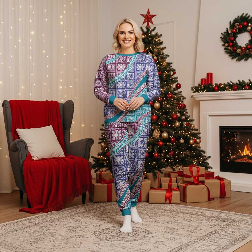 Hawaiian Quilt Pattern Christmas Pajama Set Purple Blue Color Mixed - Polynesian Pride