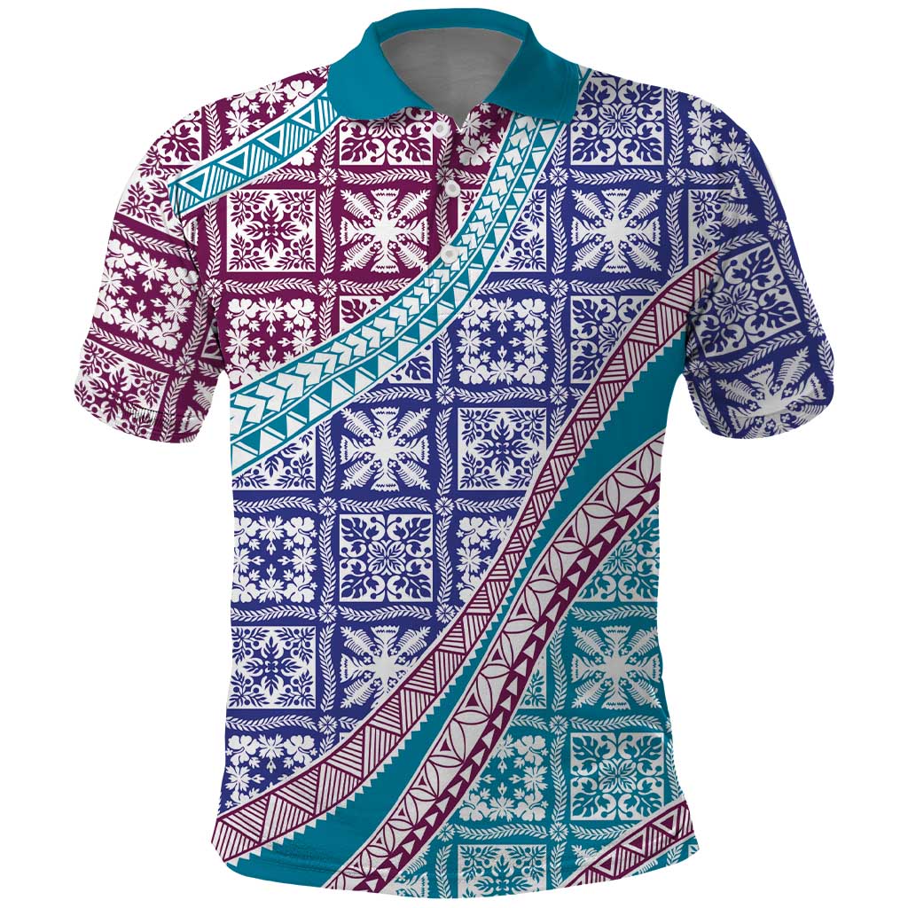 Hawaiian Quilt Pattern Polo Shirt Purple Blue Color Mixed - Polynesian Pride