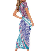 Hawaiian Quilt Pattern Short Sleeve Bodycon Dress Purple Blue Color Mixed - Polynesian Pride