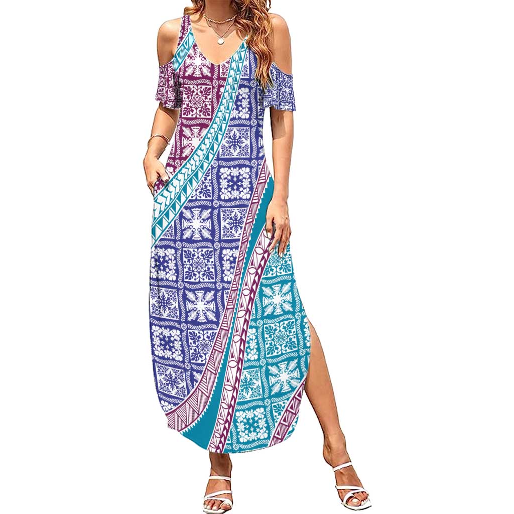 Hawaiian Quilt Pattern Summer Maxi Dress Purple Blue Color Mixed - Polynesian Pride