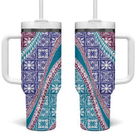 Hawaiian Quilt Pattern Tumbler With Handle Purple Blue Color Mixed - Polynesian Pride