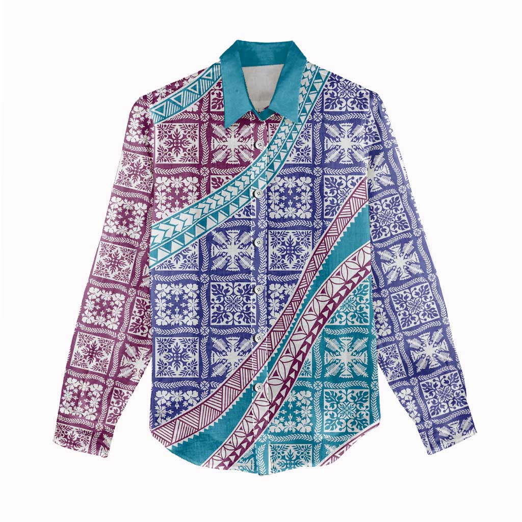 Hawaiian Quilt Pattern Women Casual Shirt Purple Blue Color Mixed - Polynesian Pride