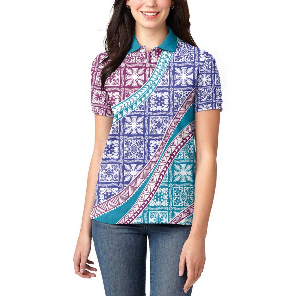 Hawaiian Quilt Pattern Women Polo Shirt Purple Blue Color Mixed - Polynesian Pride
