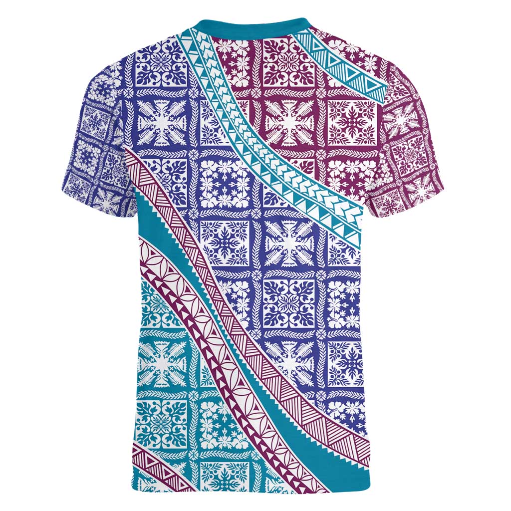 Hawaiian Quilt Pattern Women V-Neck T-Shirt Purple Blue Color Mixed - Polynesian Pride