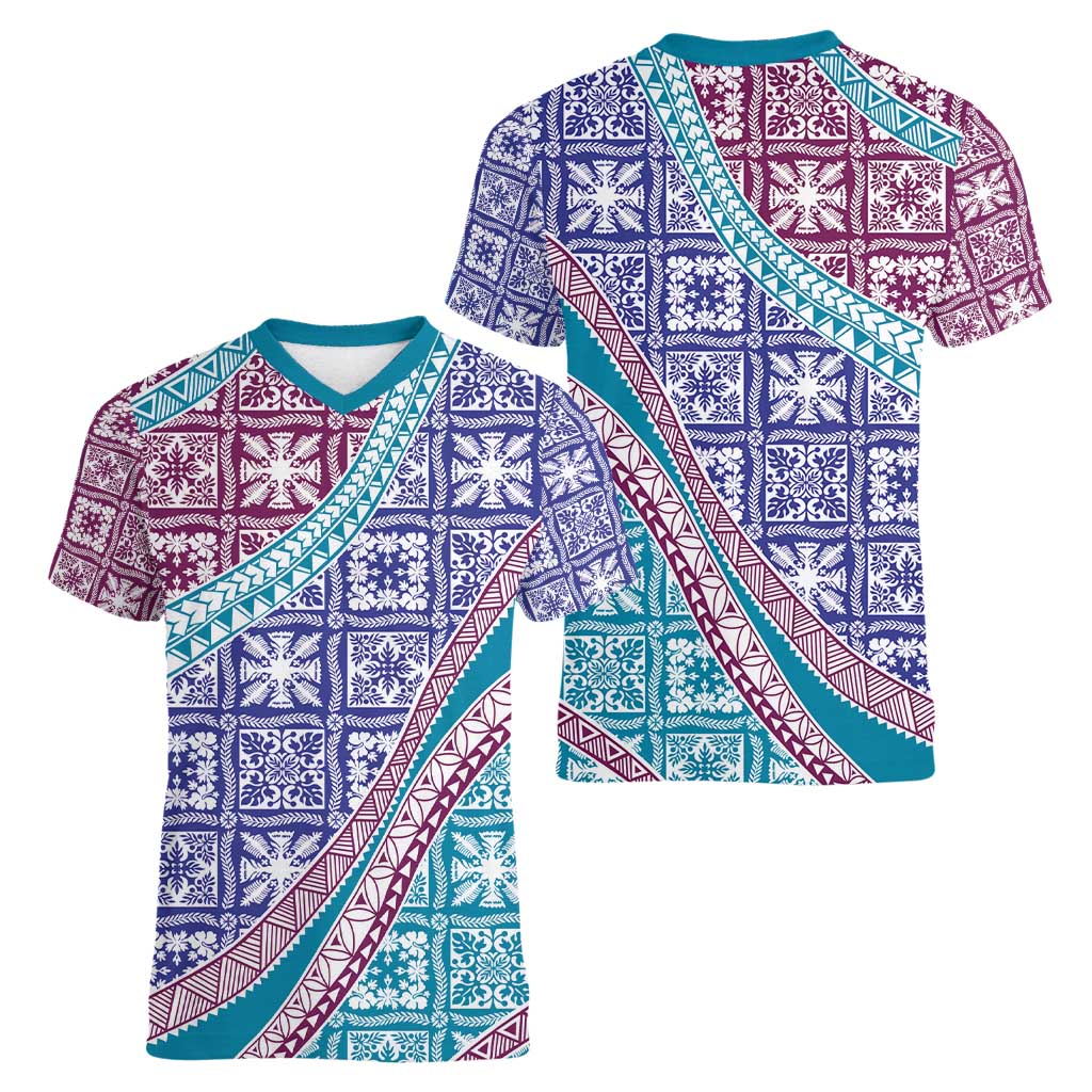 Hawaiian Quilt Pattern Women V-Neck T-Shirt Purple Blue Color Mixed - Polynesian Pride