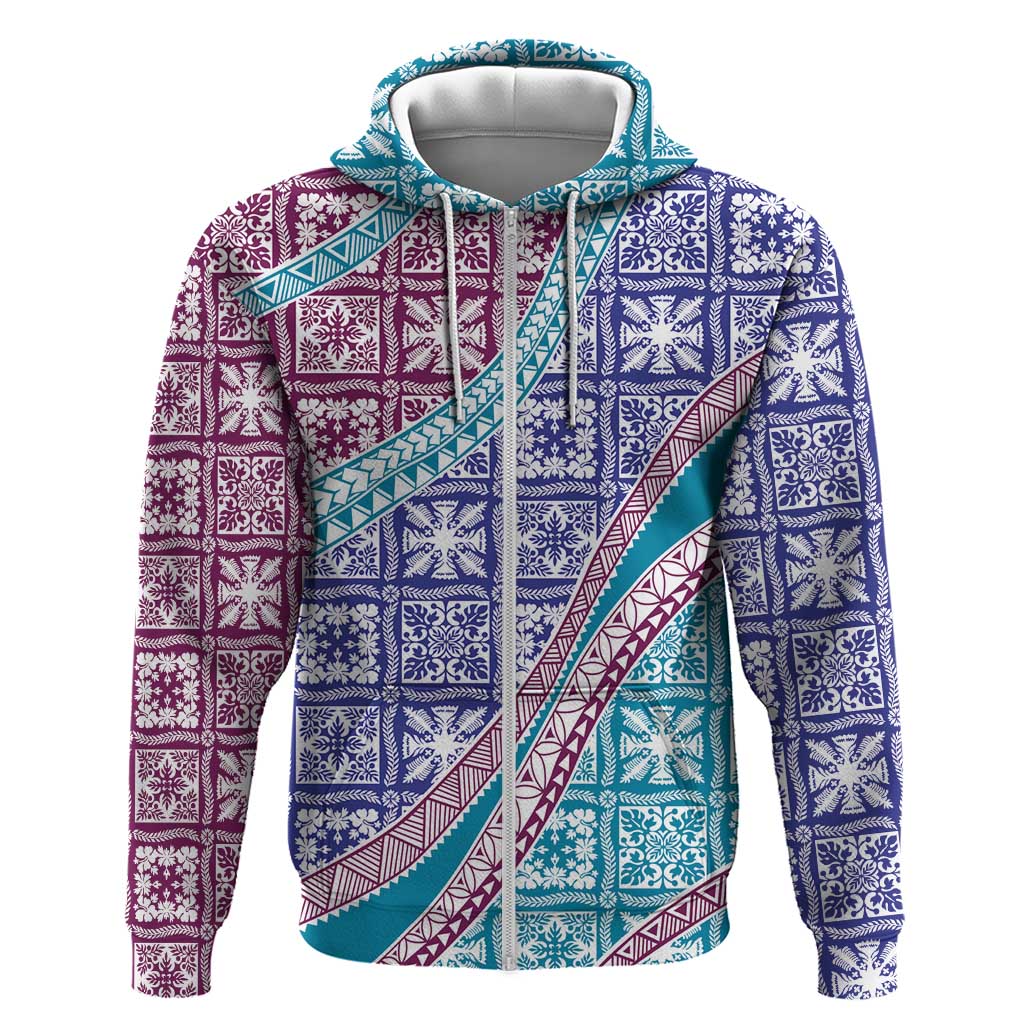 Hawaiian Quilt Pattern Zip Hoodie Purple Blue Color Mixed - Polynesian Pride