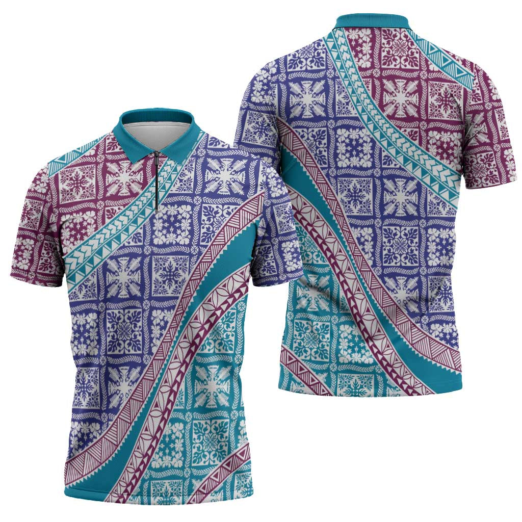 Hawaiian Quilt Pattern Zipper Polo Shirt Purple Blue Color Mixed - Polynesian Pride