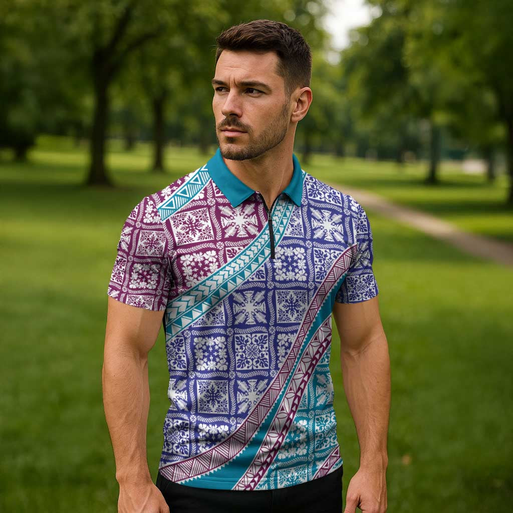 Hawaiian Quilt Pattern Zipper Polo Shirt Purple Blue Color Mixed - Polynesian Pride