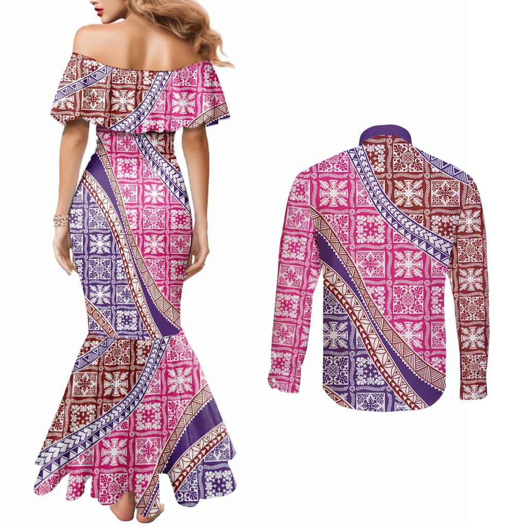 Hawaiian Quilt Pattern Couples Matching Mermaid Dress and Long Sleeve Button Shirt Sweet Color Mixed - Polynesian Pride