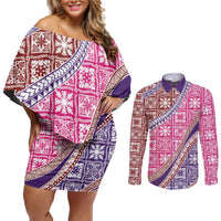 Hawaiian Quilt Pattern Couples Matching Off Shoulder Short Dress and Long Sleeve Button Shirt Sweet Color Mixed - Polynesian Pride