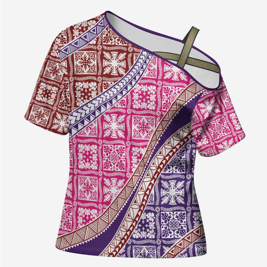 Hawaiian Quilt Pattern Cross Shoulder Shirt Sweet Color Mixed LT01 Female Pink - Polynesian Pride