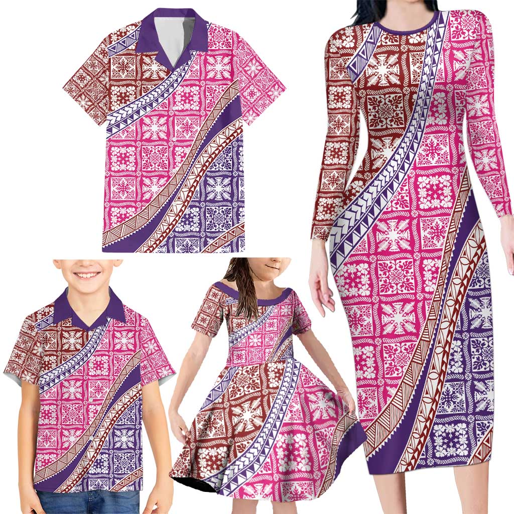 Hawaiian Quilt Pattern Family Matching Long Sleeve Bodycon Dress and Hawaiian Shirt Sweet Color Mixed - Polynesian Pride
