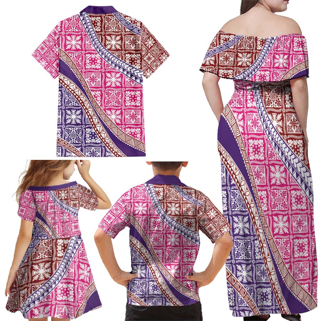 Hawaiian Quilt Pattern Family Matching Off Shoulder Maxi Dress and Hawaiian Shirt Sweet Color Mixed - Polynesian Pride