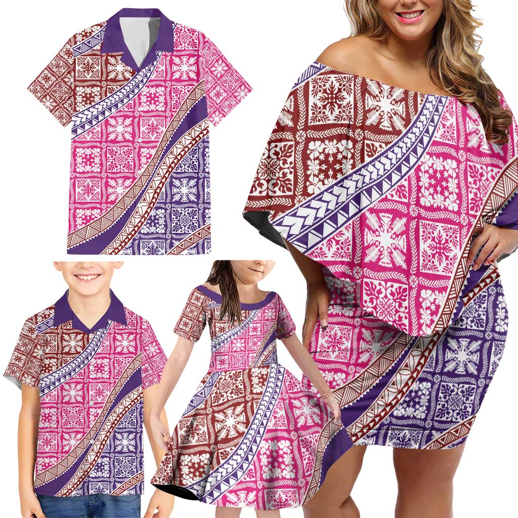 Hawaiian Quilt Pattern Family Matching Off Shoulder Short Dress and Hawaiian Shirt Sweet Color Mixed - Polynesian Pride