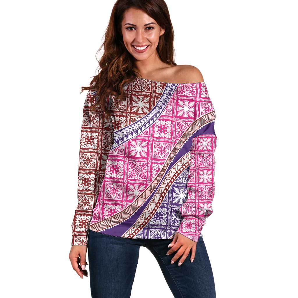 Hawaiian Quilt Pattern Off Shoulder Sweater Sweet Color Mixed - Polynesian Pride