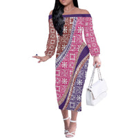 Hawaiian Quilt Pattern Off The Shoulder Long Sleeve Dress Sweet Color Mixed - Polynesian Pride