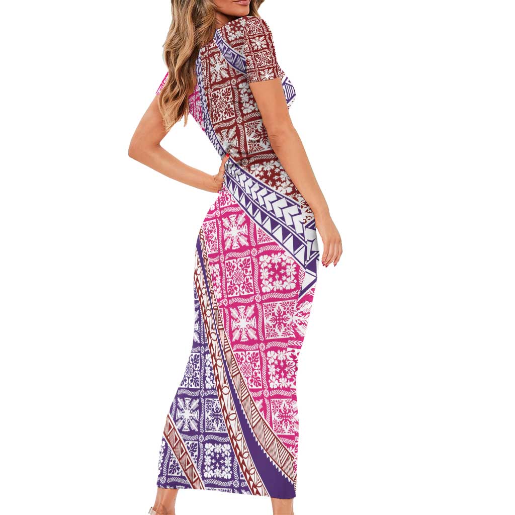 Hawaiian Quilt Pattern Short Sleeve Bodycon Dress Sweet Color Mixed - Polynesian Pride