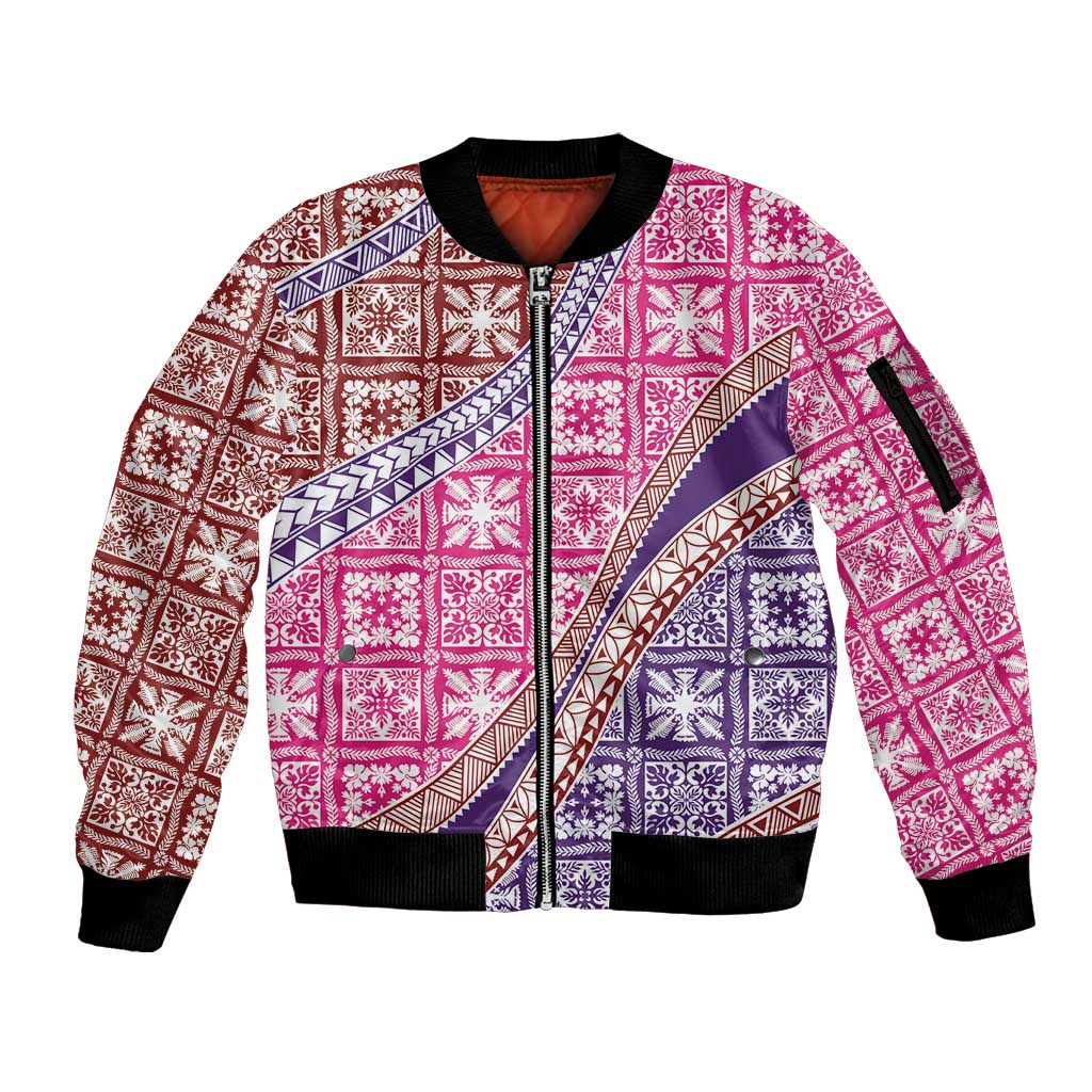Hawaiian Quilt Pattern Sleeve Zip Bomber Jacket Sweet Color Mixed - Polynesian Pride
