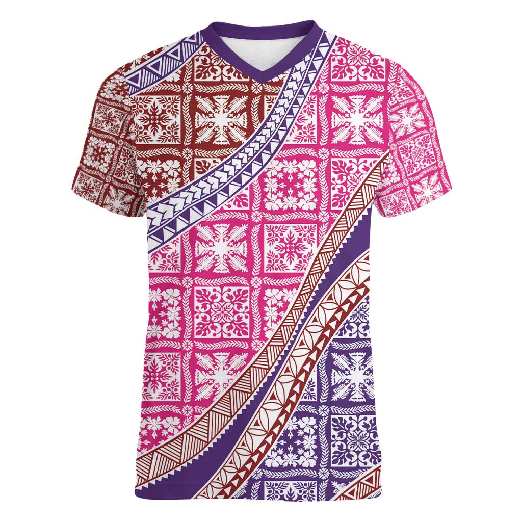 Hawaiian Quilt Pattern Women V-Neck T-Shirt Sweet Color Mixed - Polynesian Pride