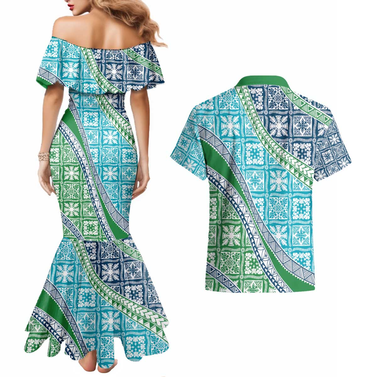 Hawaiian Quilt Pattern Couples Matching Mermaid Dress and Hawaiian Shirt Fresh Color Mixed - Polynesian Pride
