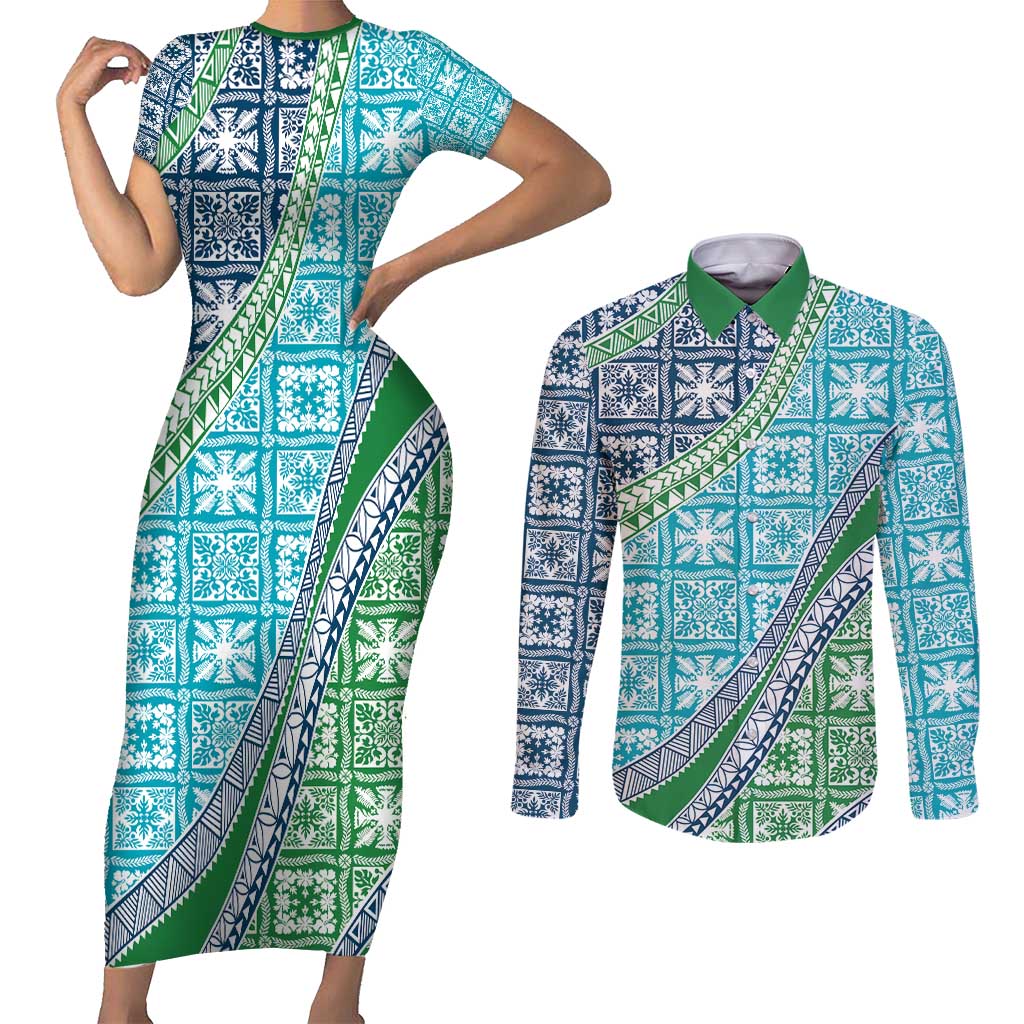 Hawaiian Quilt Pattern Couples Matching Short Sleeve Bodycon Dress and Long Sleeve Button Shirt Fresh Color Mixed - Polynesian Pride