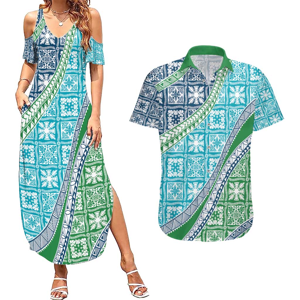 Hawaiian Quilt Pattern Couples Matching Summer Maxi Dress and Hawaiian Shirt Fresh Color Mixed - Polynesian Pride