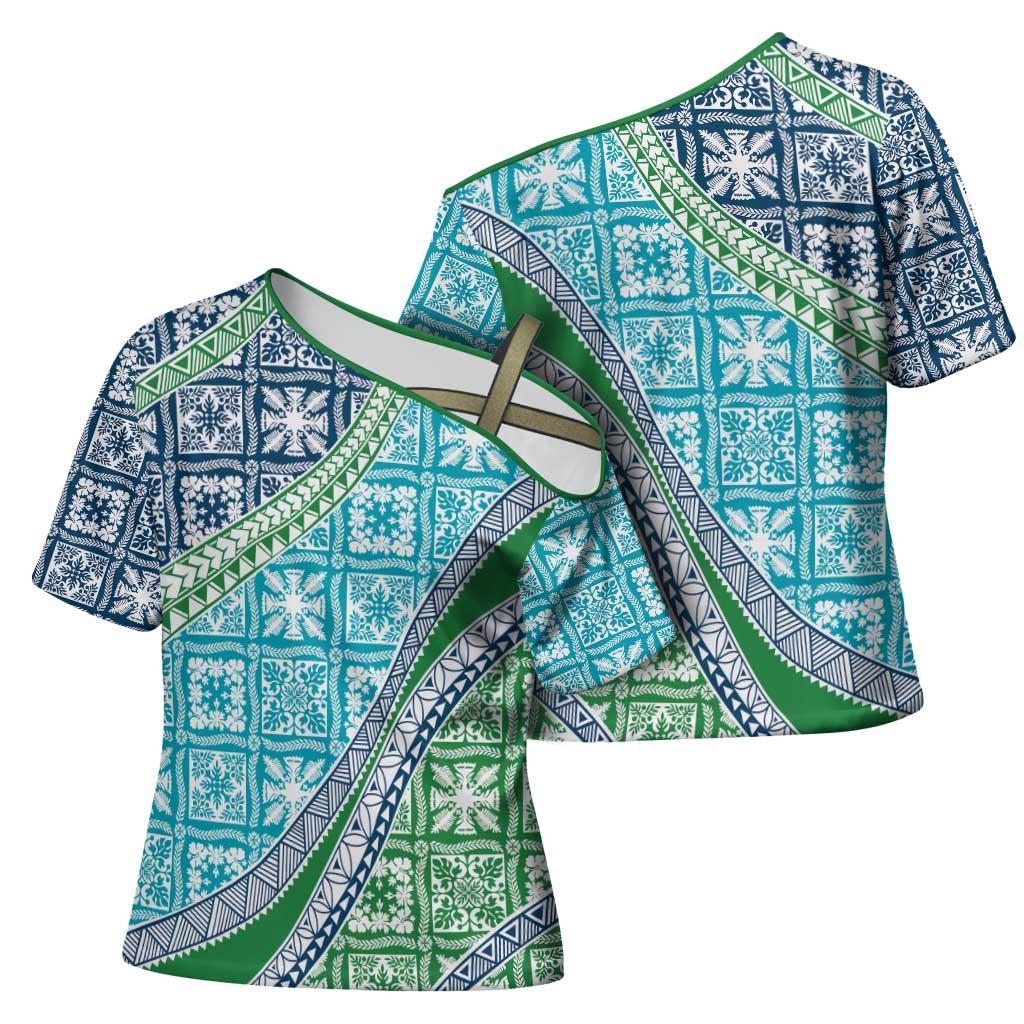 Hawaiian Quilt Pattern Cross Shoulder Shirt Fresh Color Mixed - Polynesian Pride