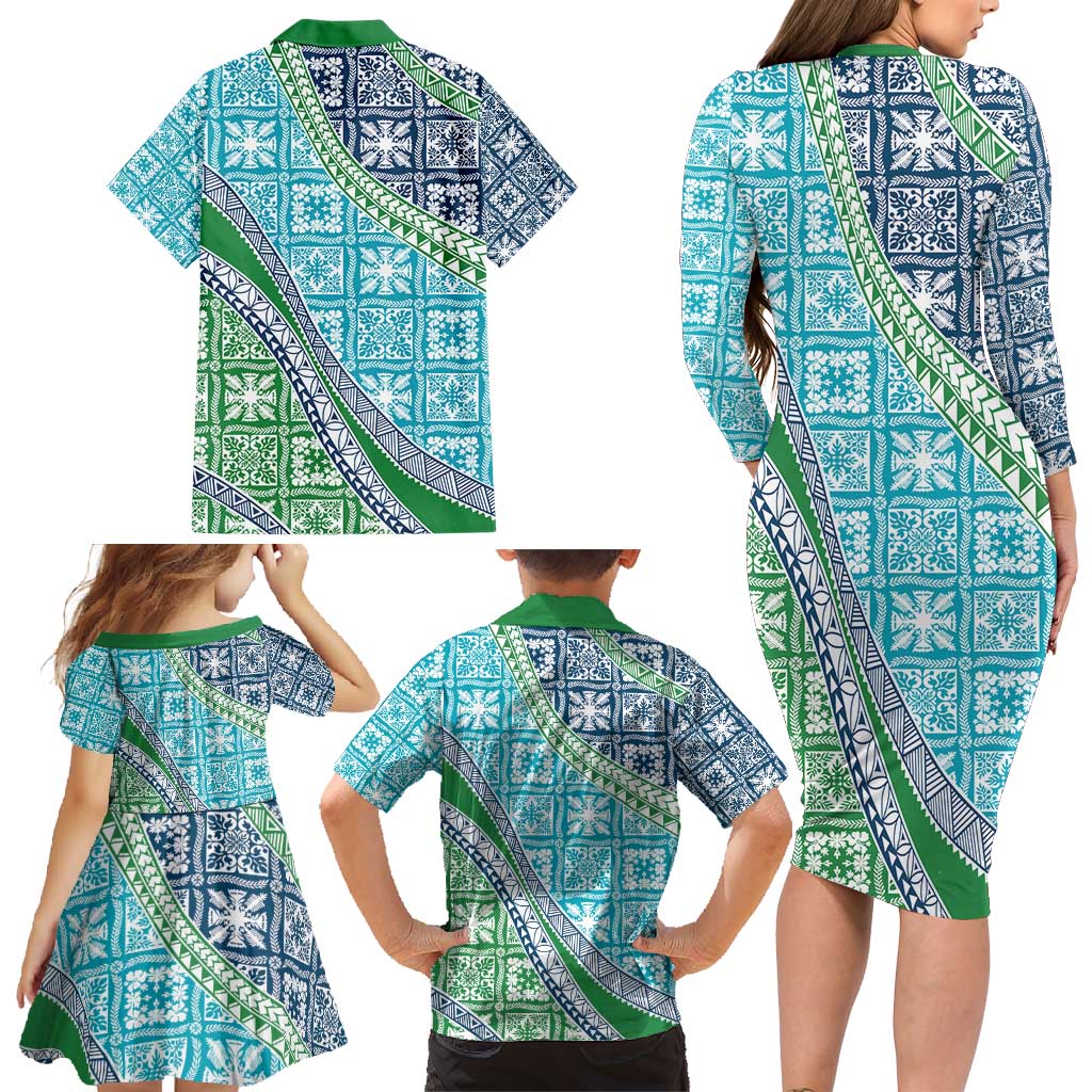 Hawaiian Quilt Pattern Family Matching Long Sleeve Bodycon Dress and Hawaiian Shirt Fresh Color Mixed - Polynesian Pride